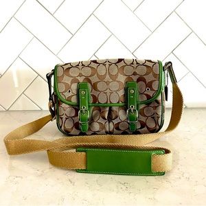 Brand New Coach Canvas Messenger or Crossbody Bag in Brown & Green Leather Trim